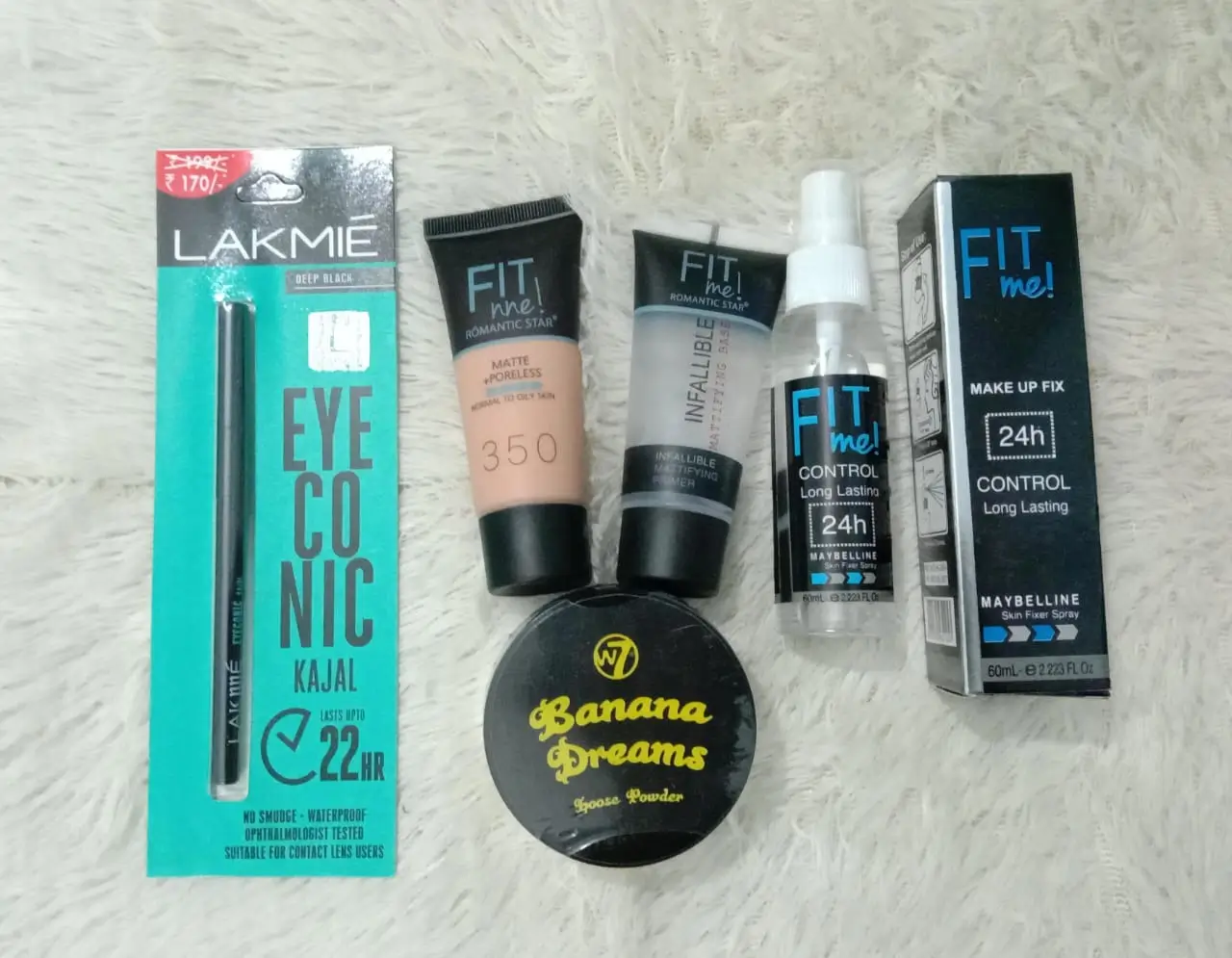 5 ইন 1 কসমেটিক্স কম্বো ফাউন্ডেশন, প্রাইমার, আইকোনিক কাজল, w7 লস পোডার, স্প্রে সেটিং