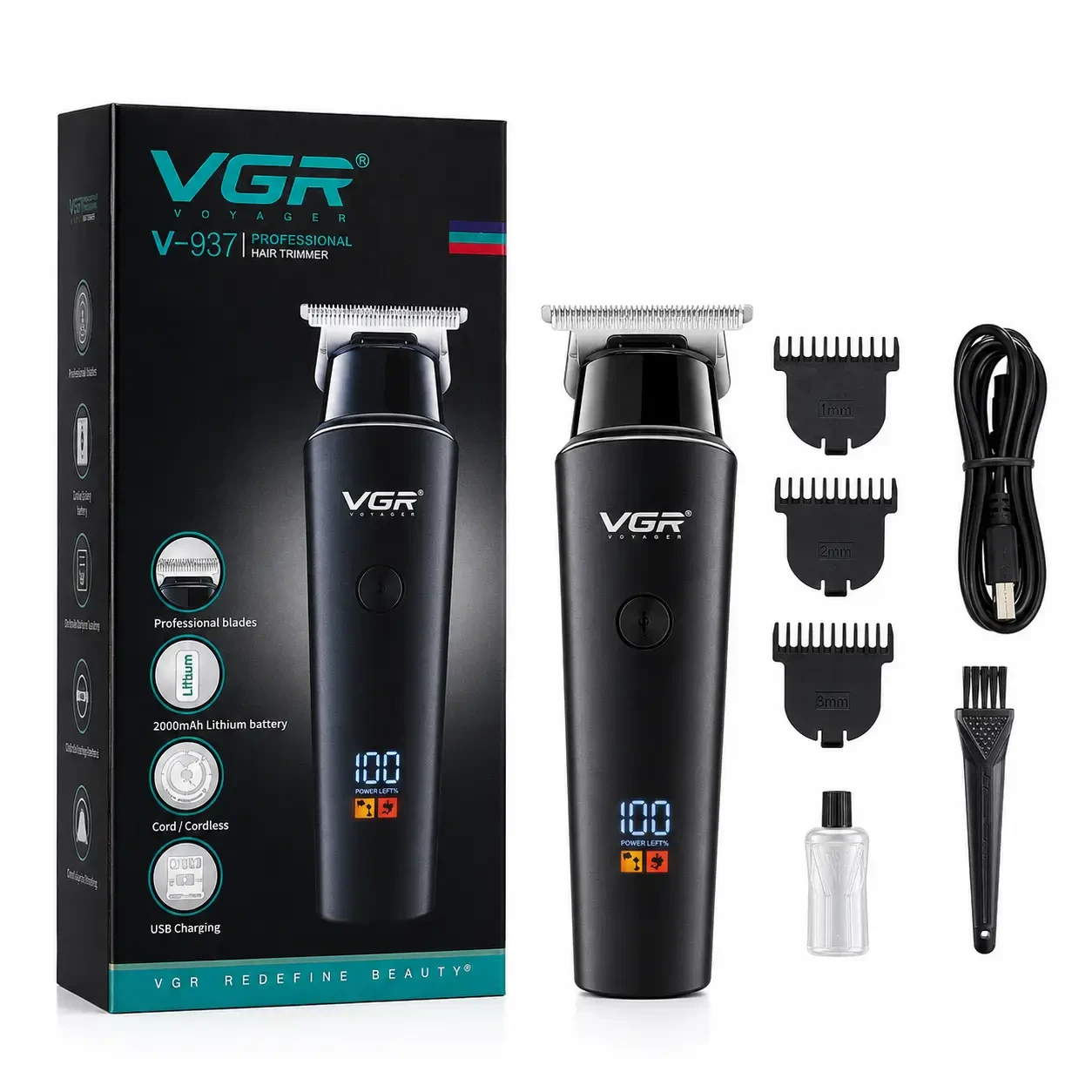 VGR V-937 Professional Cordless Hair & Beard Trimmer for Men – 500 Min Runtime, 2000mAh Battery, Smart LCD Display, Type-C & Zero Gap Stainless Steel Blade (Black)
